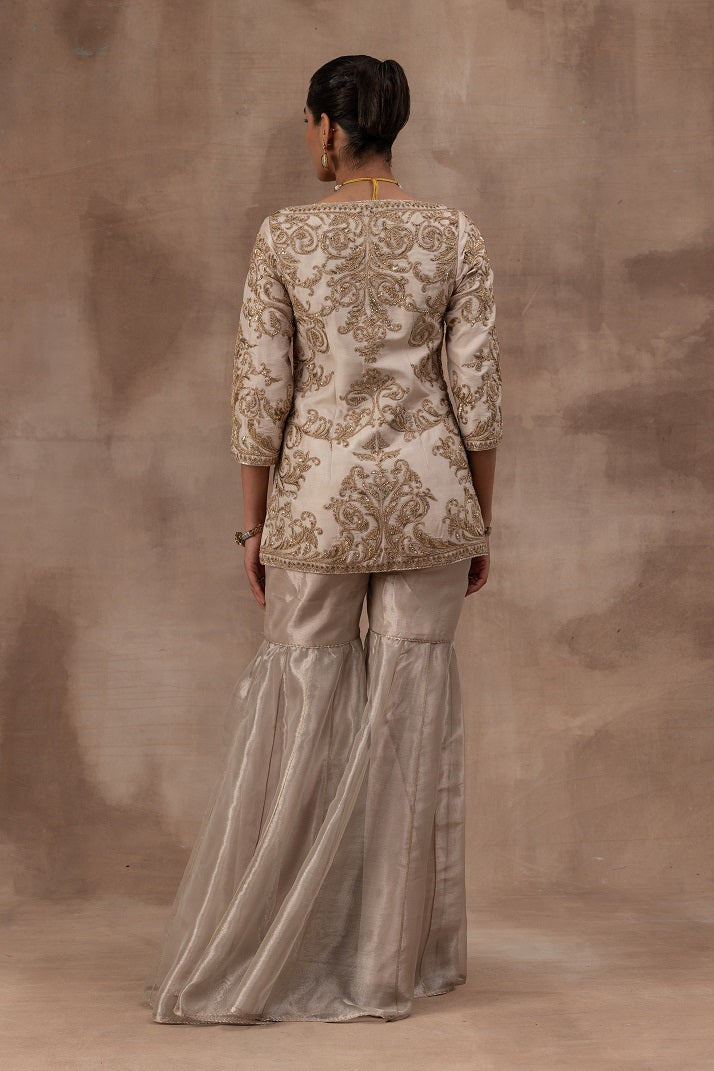 Rose gold opada silk jacket set with tissue gharara pants