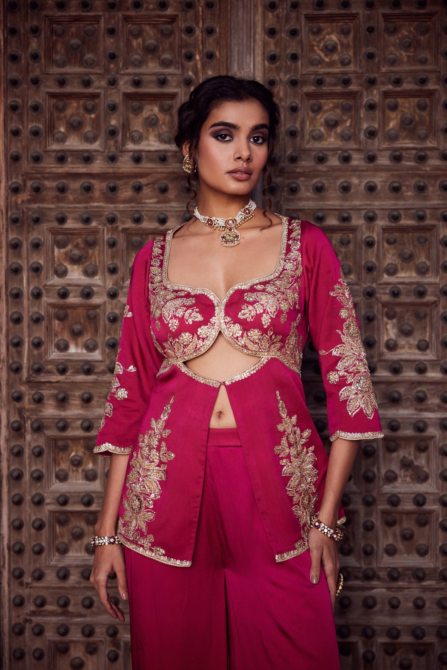 Pink satin georgette jacket set with satin georgette pink red ombre palazo pants