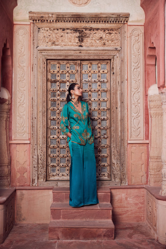 Teel satin georgette jacket set with satin georgette teel turquise ombre palazo pants.