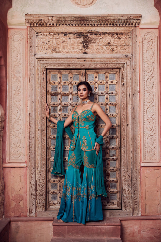 Teel turquise ombre shaded satin georgette kurti set with organza georgette dupatta and satin georgette gharara.