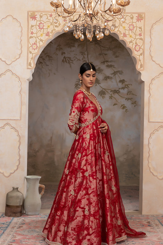 Red jacquard organza anarkali set