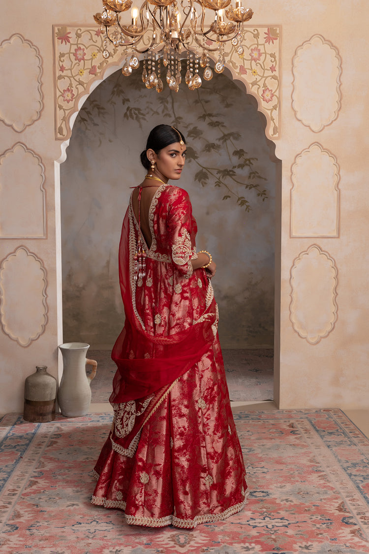 Red jacquard organza anarkali set