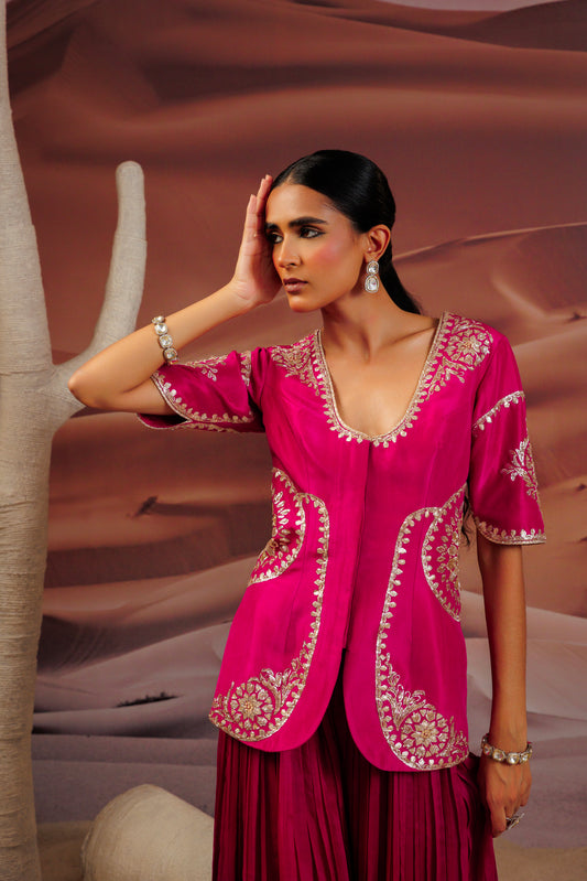 Fuschia embroidered jacket top and fushcia purple pleated palazo pant
