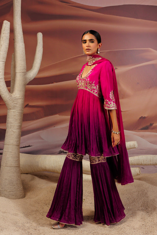 Fuschia purple shaded pleated flare top and sharara pants