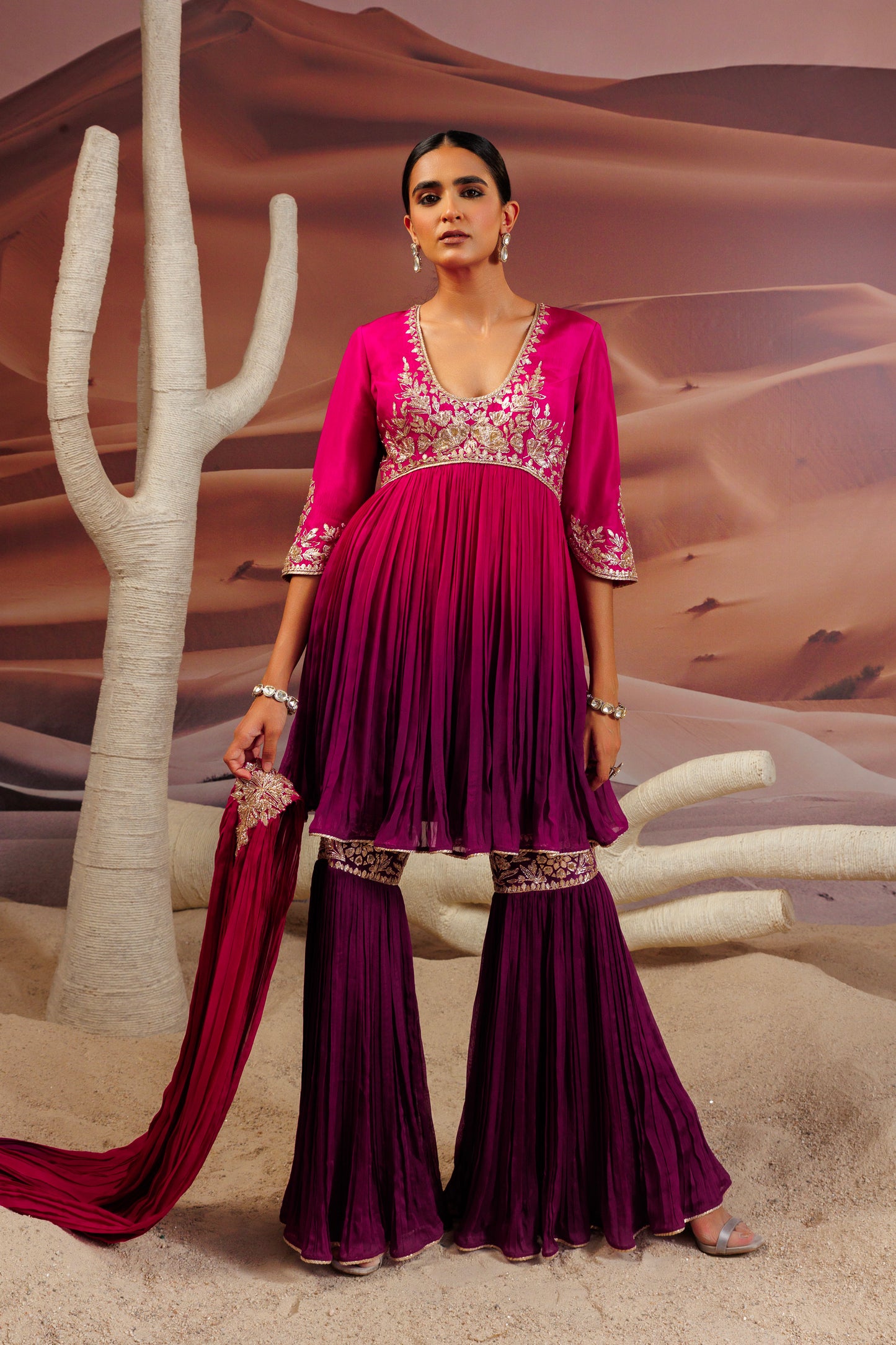 Fuschia purple shaded pleated flare top and sharara pants