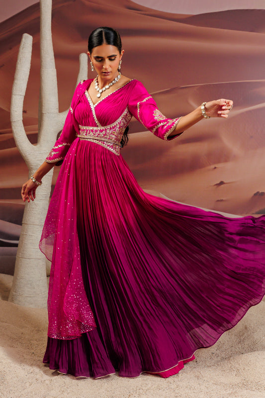 Fuschia purple shaded pleated flare anarkali
