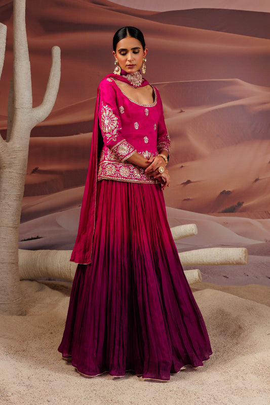 Fuschia long straight blouse with skirt