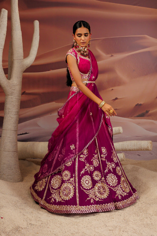 Fuschia purple ombre shaded 10 kali lehenga with embroidered belt