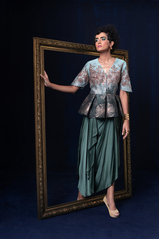 Aqua blue green ombre jacquard weave peplum top