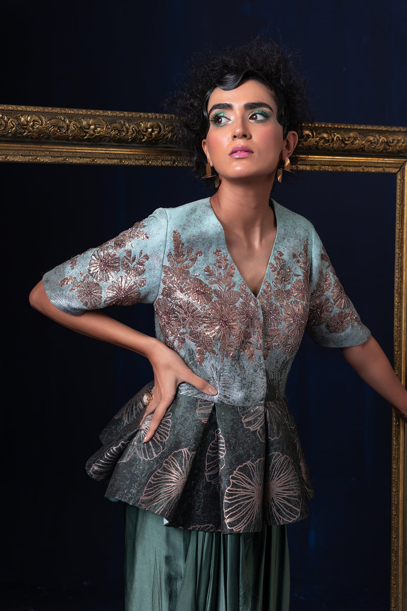 Aqua blue green ombre jacquard weave peplum top