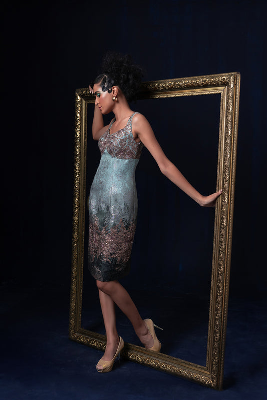 Aqua blue green ombre jacquard weave dress