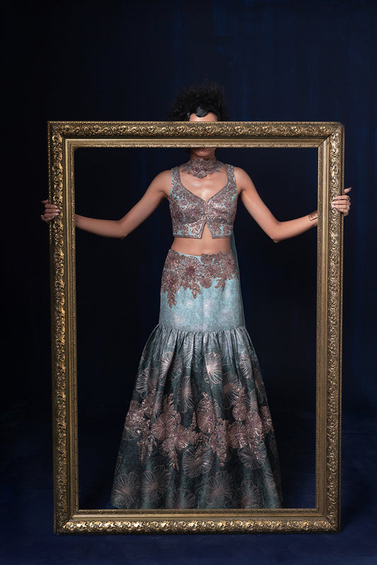 Aqua blue green ombre jacquard weave Lehnga set with deep sweet heart neckline blouse