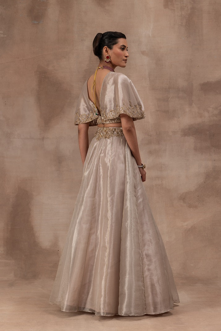 Rose gold tissue butterfly sleeve blouse with tissue skirt