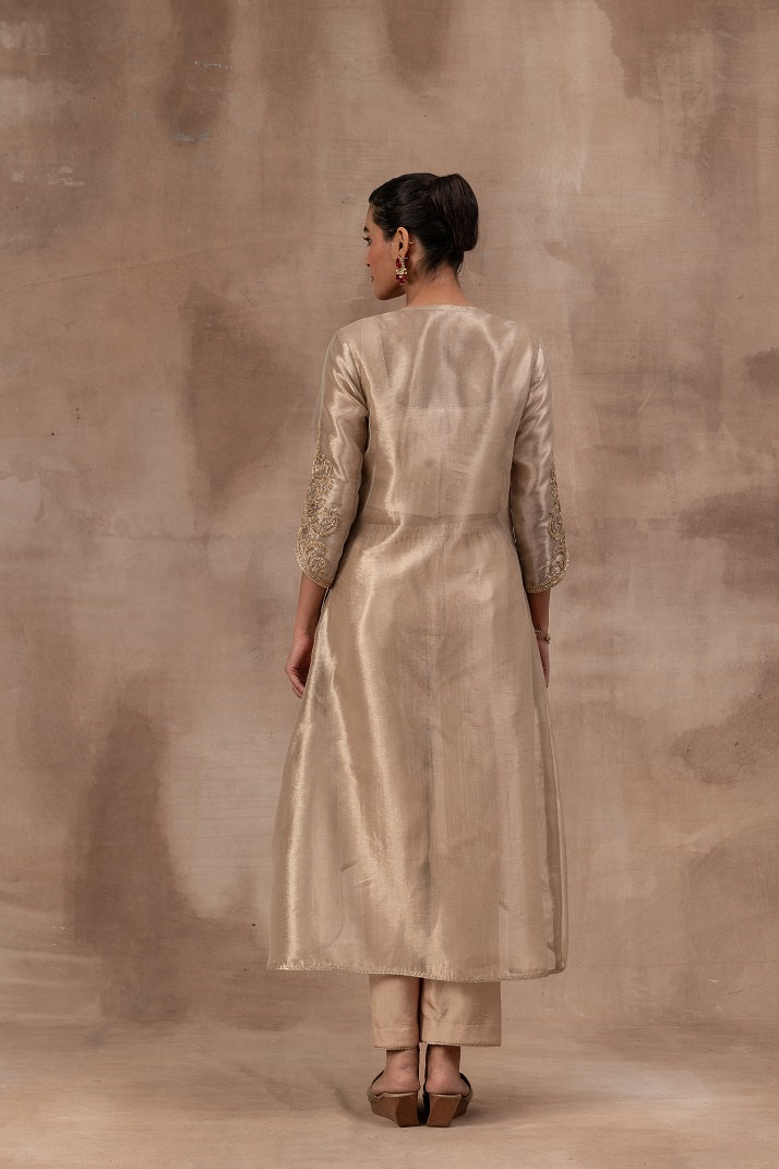 Beige gold tissue tunic set with inner blouse and pant