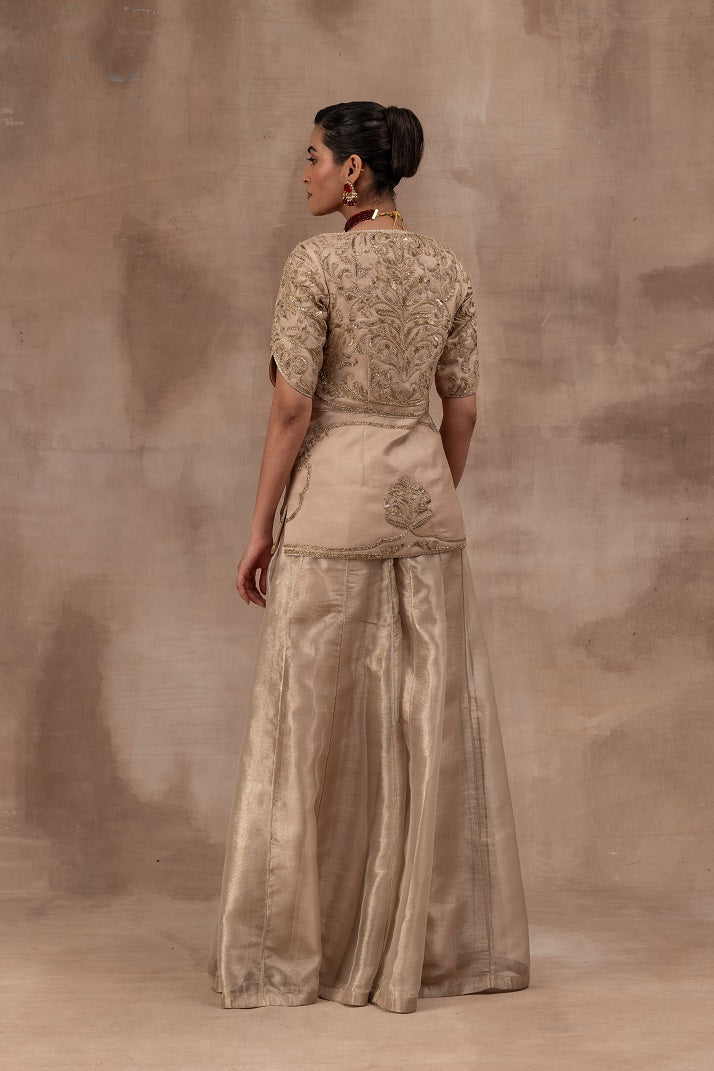 Beige gold tissue jacket set with flare tissue sharara pants