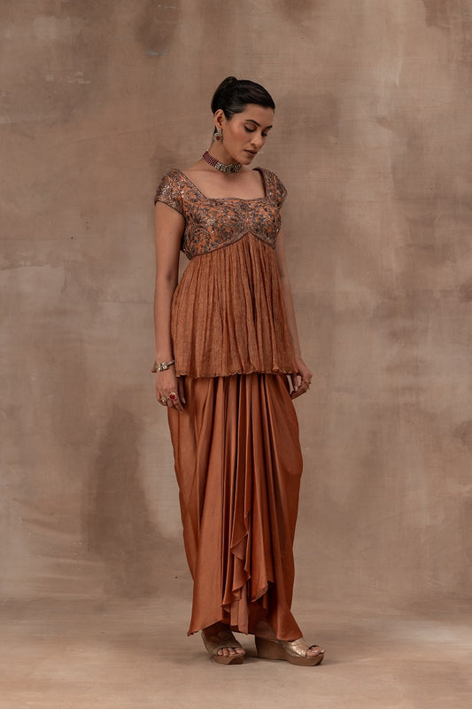 Peplum top with opada silk yoke in copper colour with tissue flare