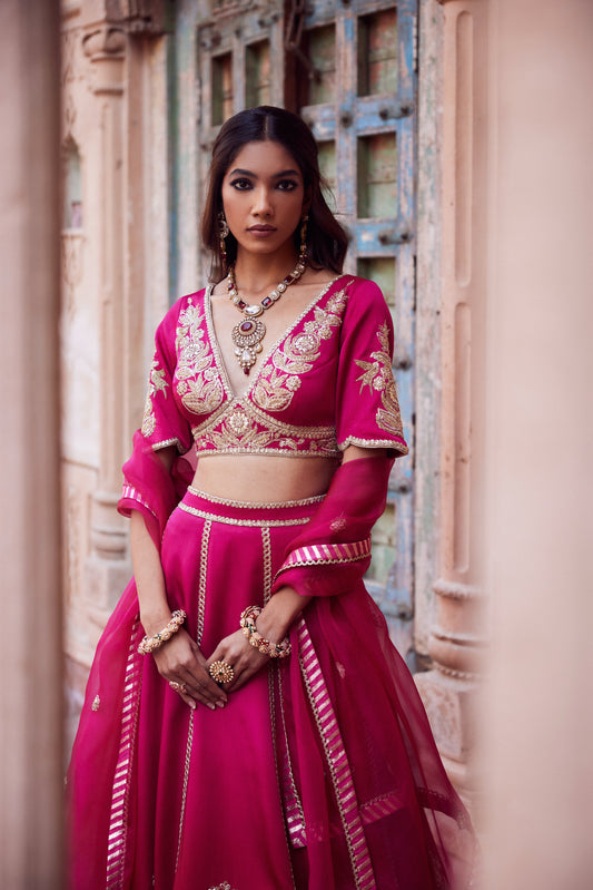 pink red ombre satin georette lehnga with organza dupatta and satin georgette embroidered blouse