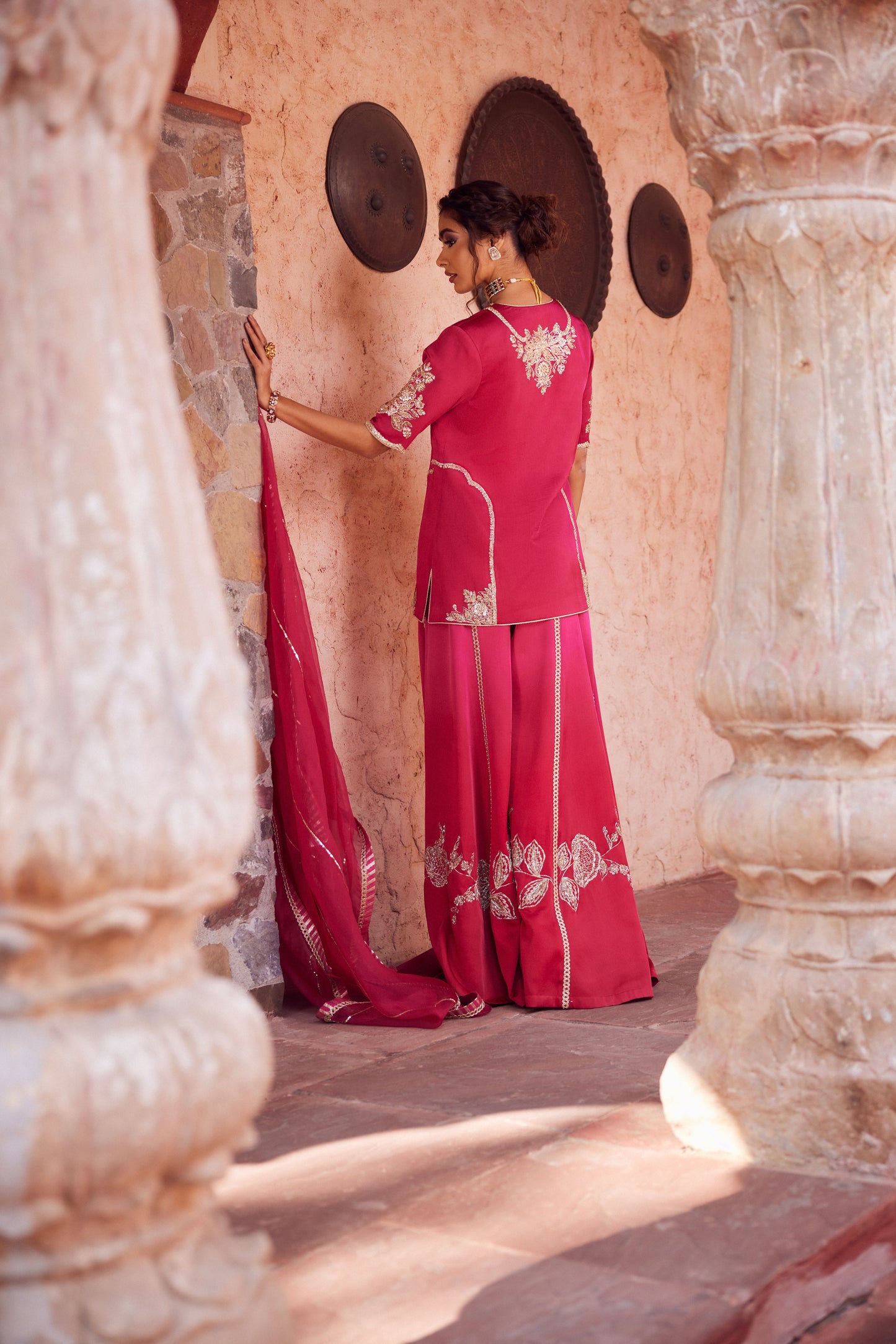 Pink red ombre shaded satin georgette kurti set with organza dupatta and satin georgette sharara.