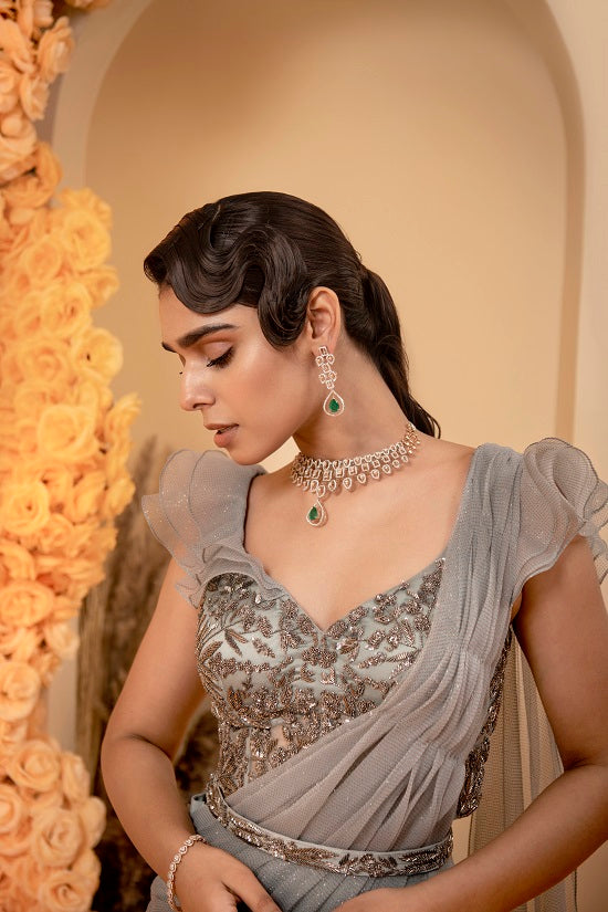 Bluish grey Pre stitched drape sari