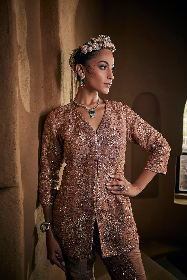 Dusty gold silk tissue jacket set with flare pants.