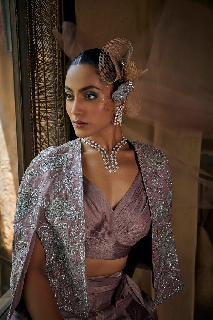 Lavender silk tissue short jacket with rooshing busiter blouse and pleated tissue pants