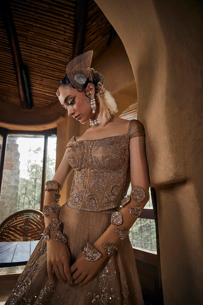 Beige gold tissue Lehnga set with corset blouse