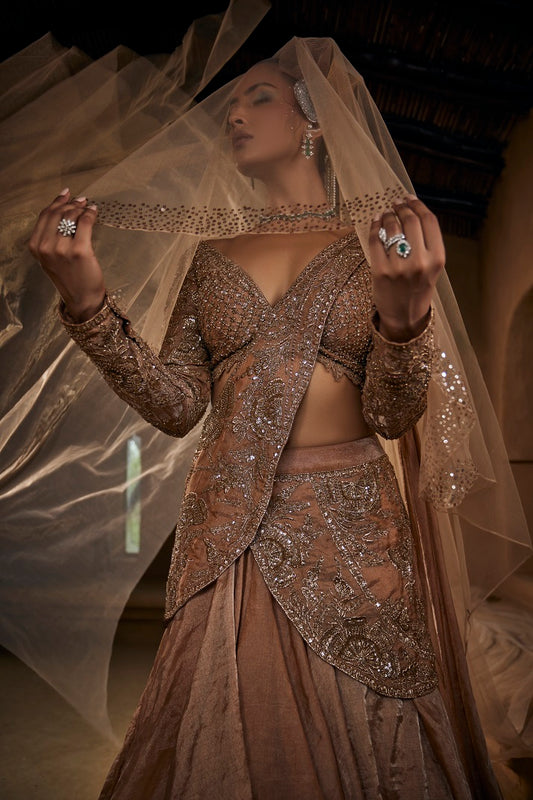 Beige gold tissue Lehnga sari set with blouse and pre draped embroidered dupatta