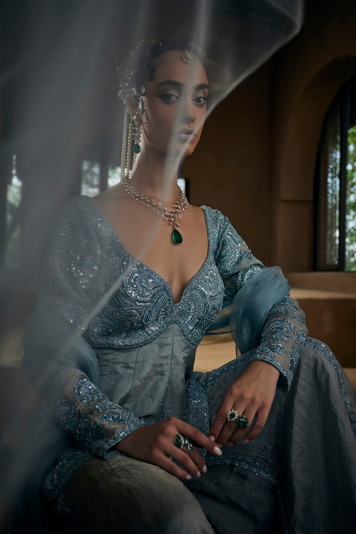 Powder blue silk tissue peplum top with sharara pants