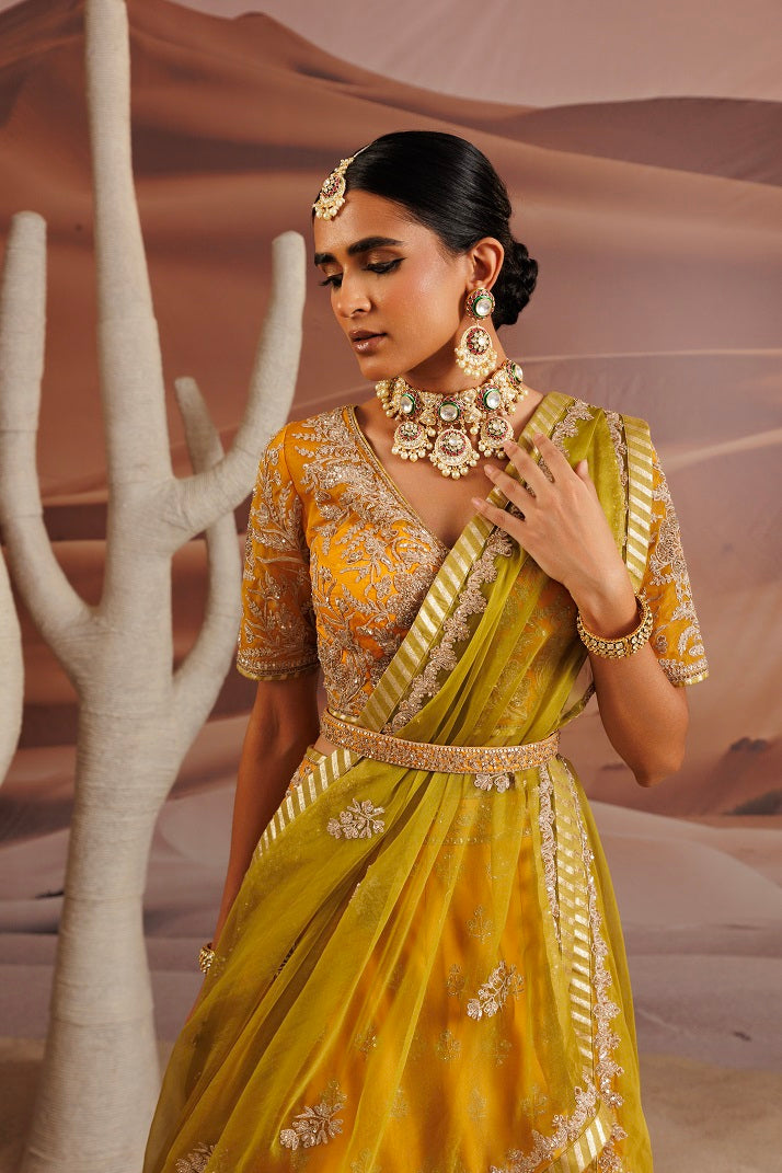Organza yellow blouse and opada lehnga