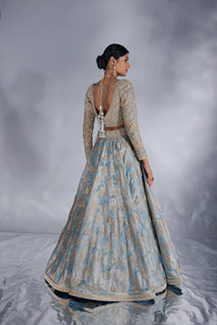 Powder blue Jacquard zari organza lehenga set