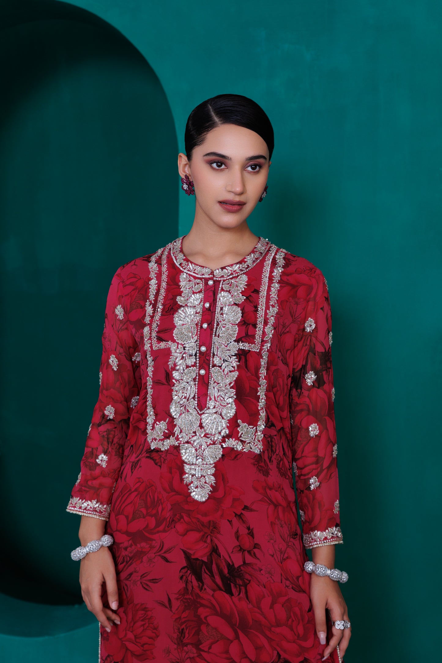 Digital printed georgette embroidered tunic with modal satin pant and organza dupatta
