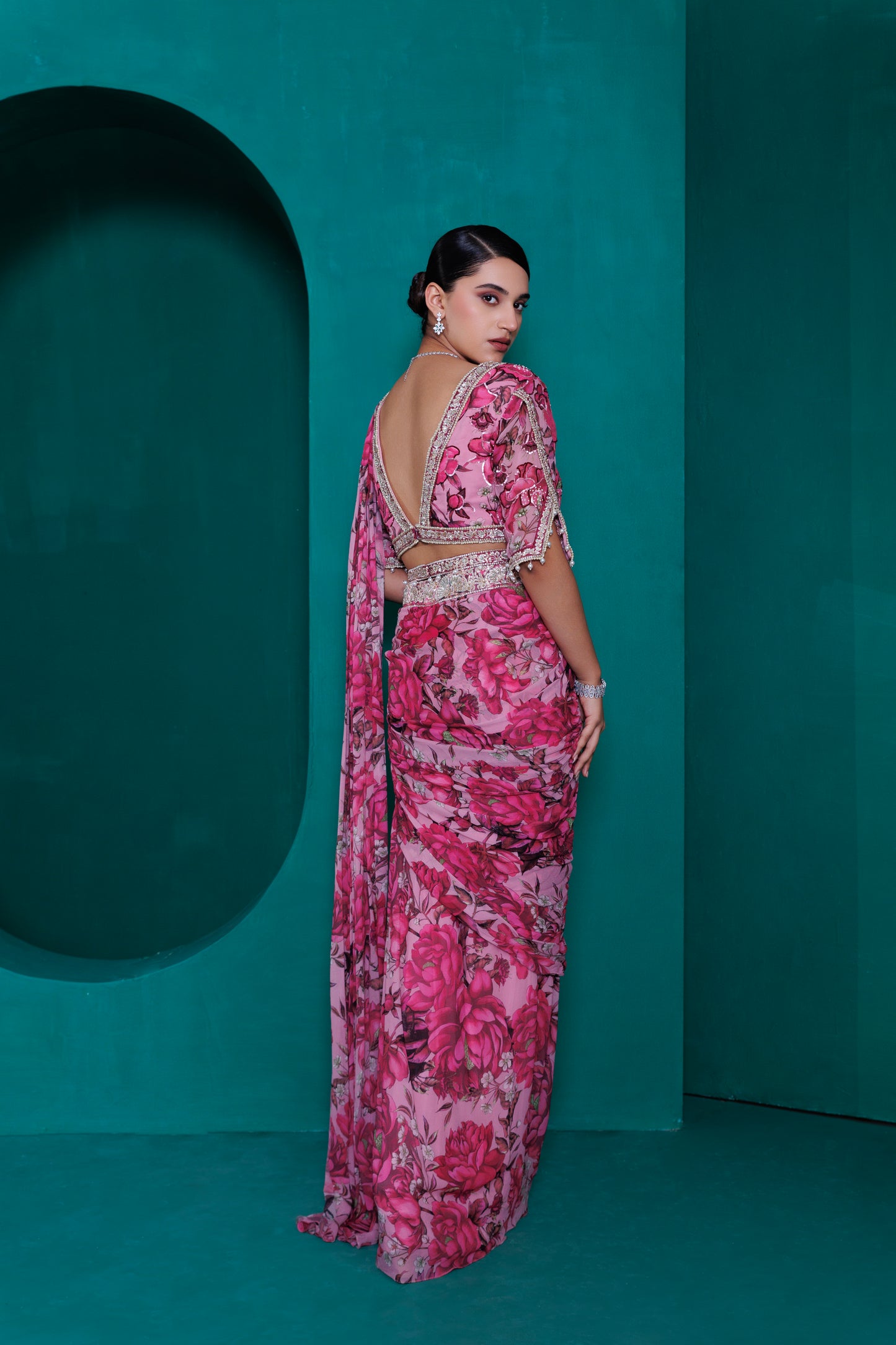 Digital printed georgette embroidered blouse with pre stitched drape sari