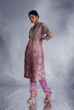 Lavender Jacquard zari organza tunic set with pants and dupatta