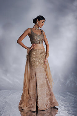 Hand-woven chanderi silk tissue fish cut lehenga set