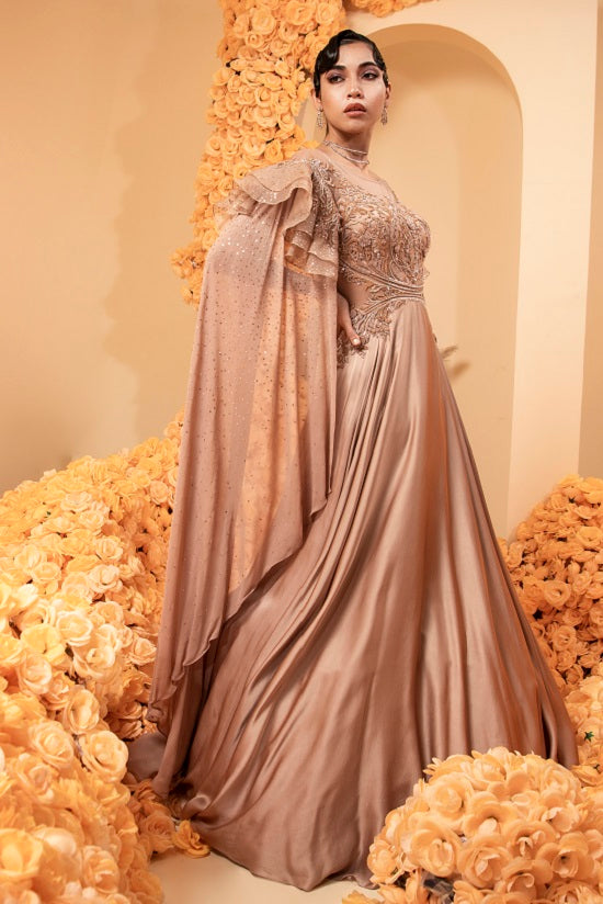 Modal satin Cameo Rose colour gown with embroidered body – ADI