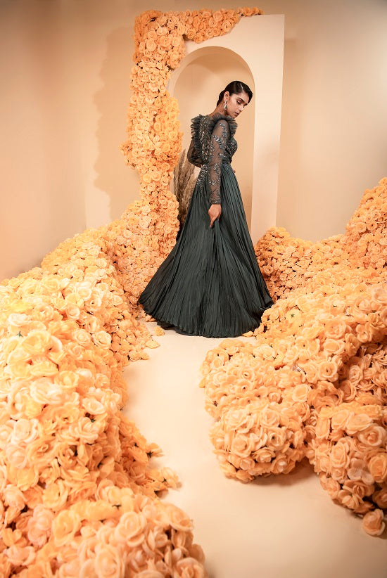 Shaded spruce colour hand pleated gown
