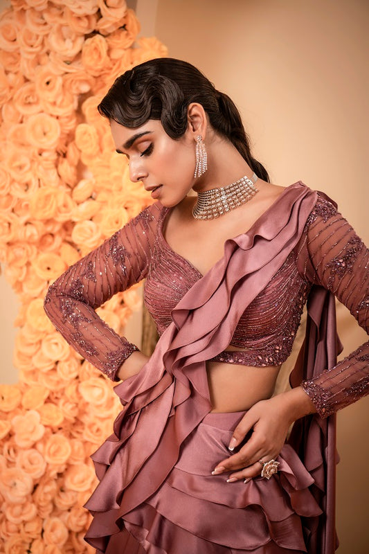 Lavender wine Pre stitched drape sari