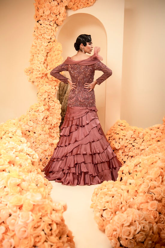 Lavender wine colour gown with embroidered body