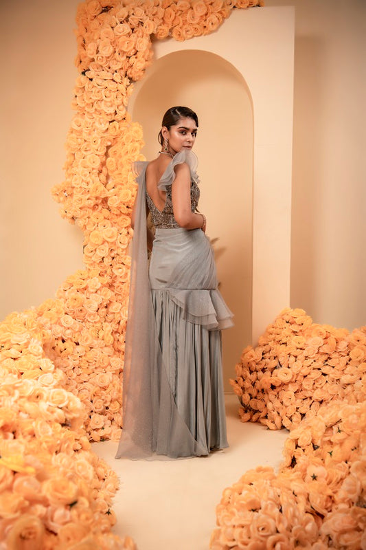 Bluish grey Pre stitched drape sari