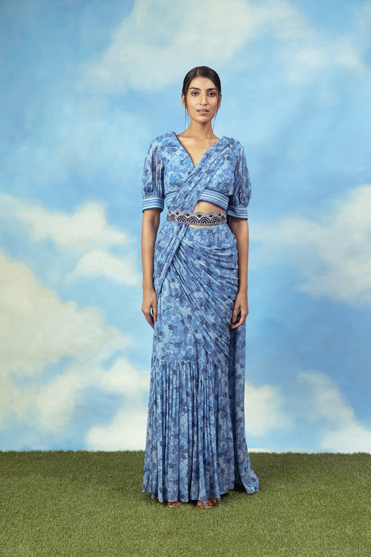 Blue printed palazzo sari with blouse and belt