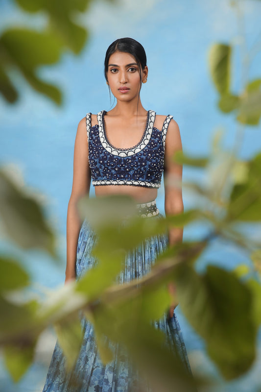 Blue printed crop top skirt with embroidered blouse
