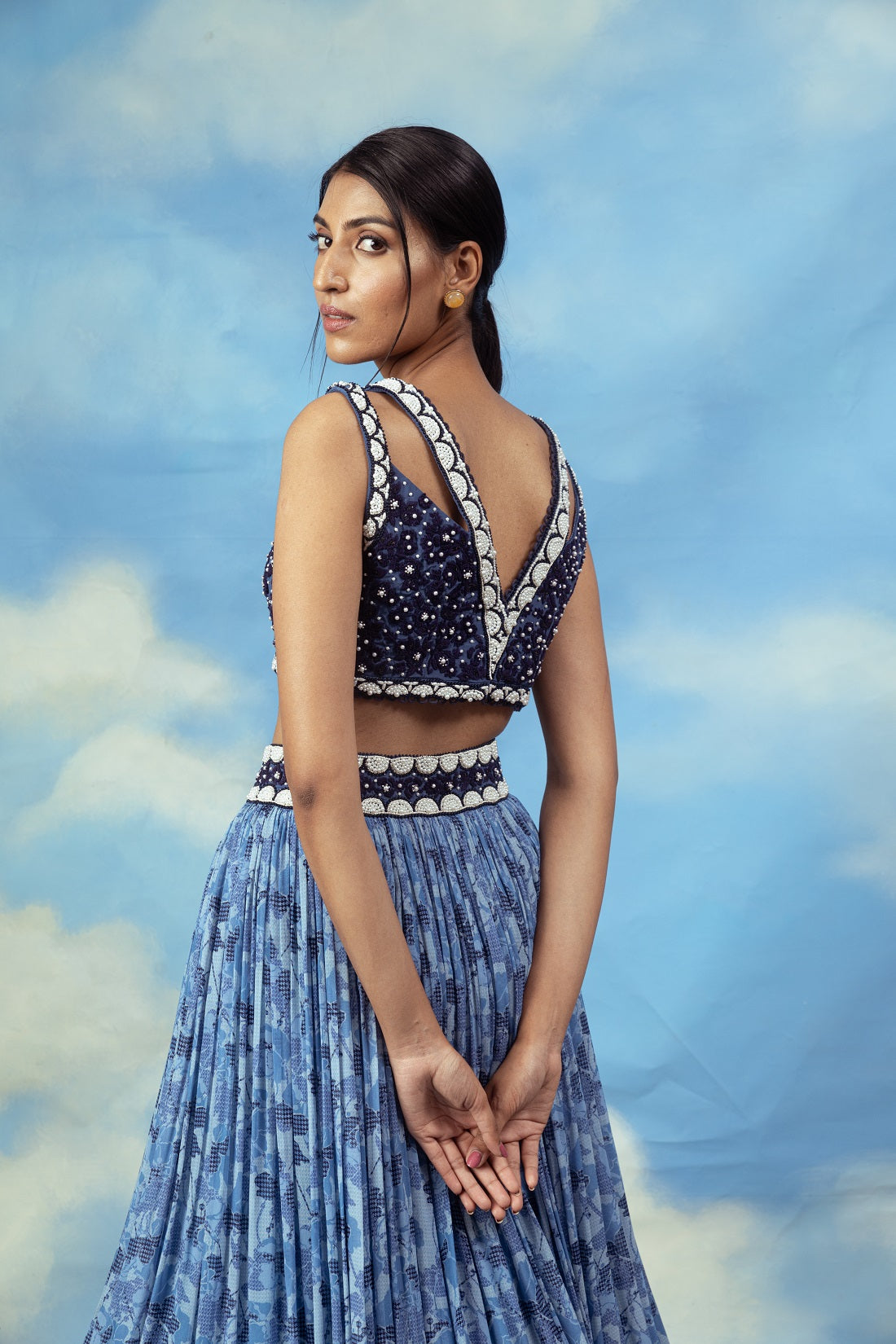 Blue printed crop top skirt with embroidered blouse