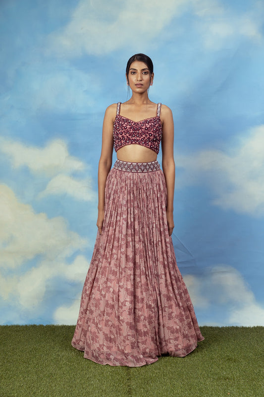 Rose gold Crop top skirt with embroidered blouse