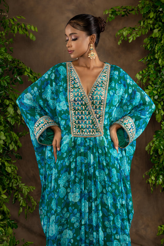 Blue floral printed georgette kaftaan