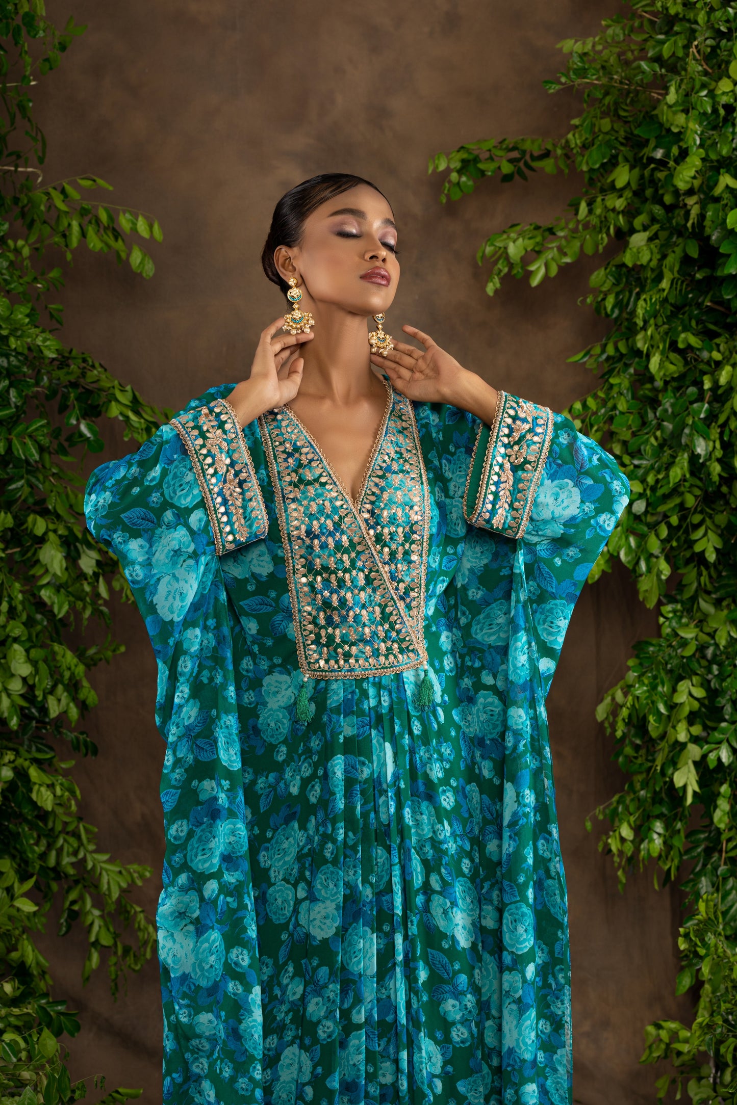 Blue floral printed georgette kaftaan