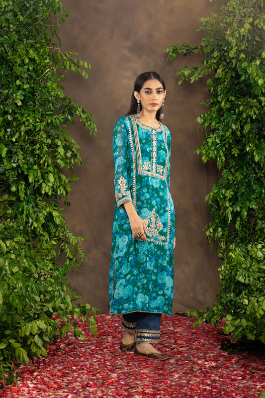 Blue printed georgette kurta set.