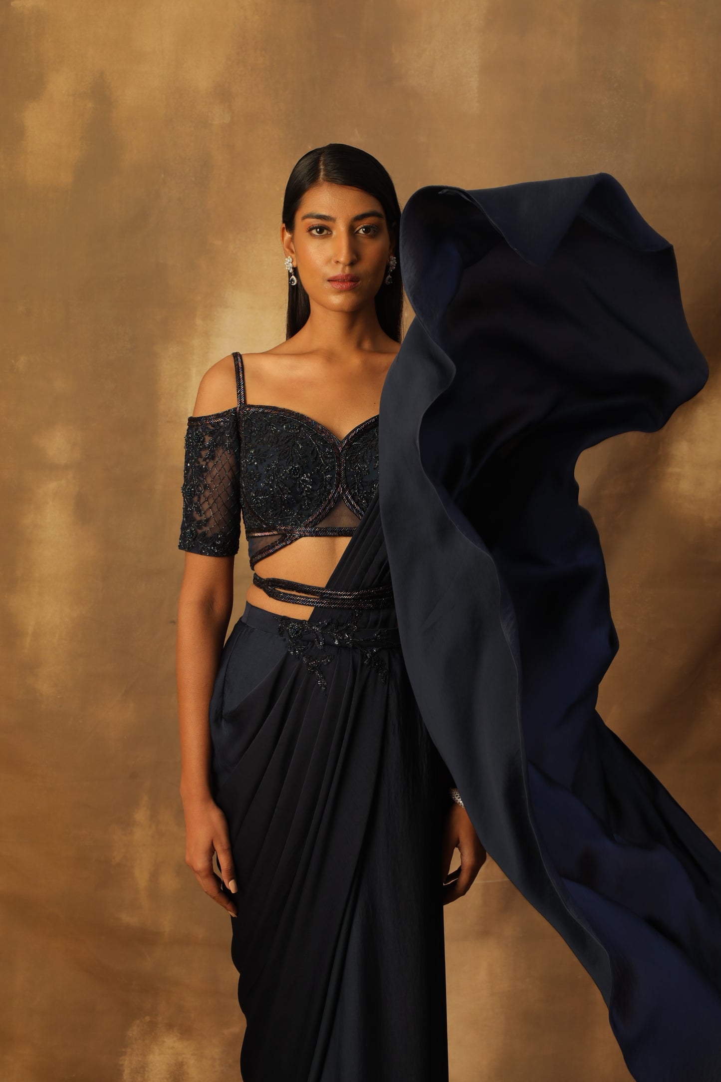 Midnight blue drape sari with blouse
