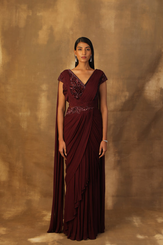 Wine drape sari with velvette body embroidered with beads