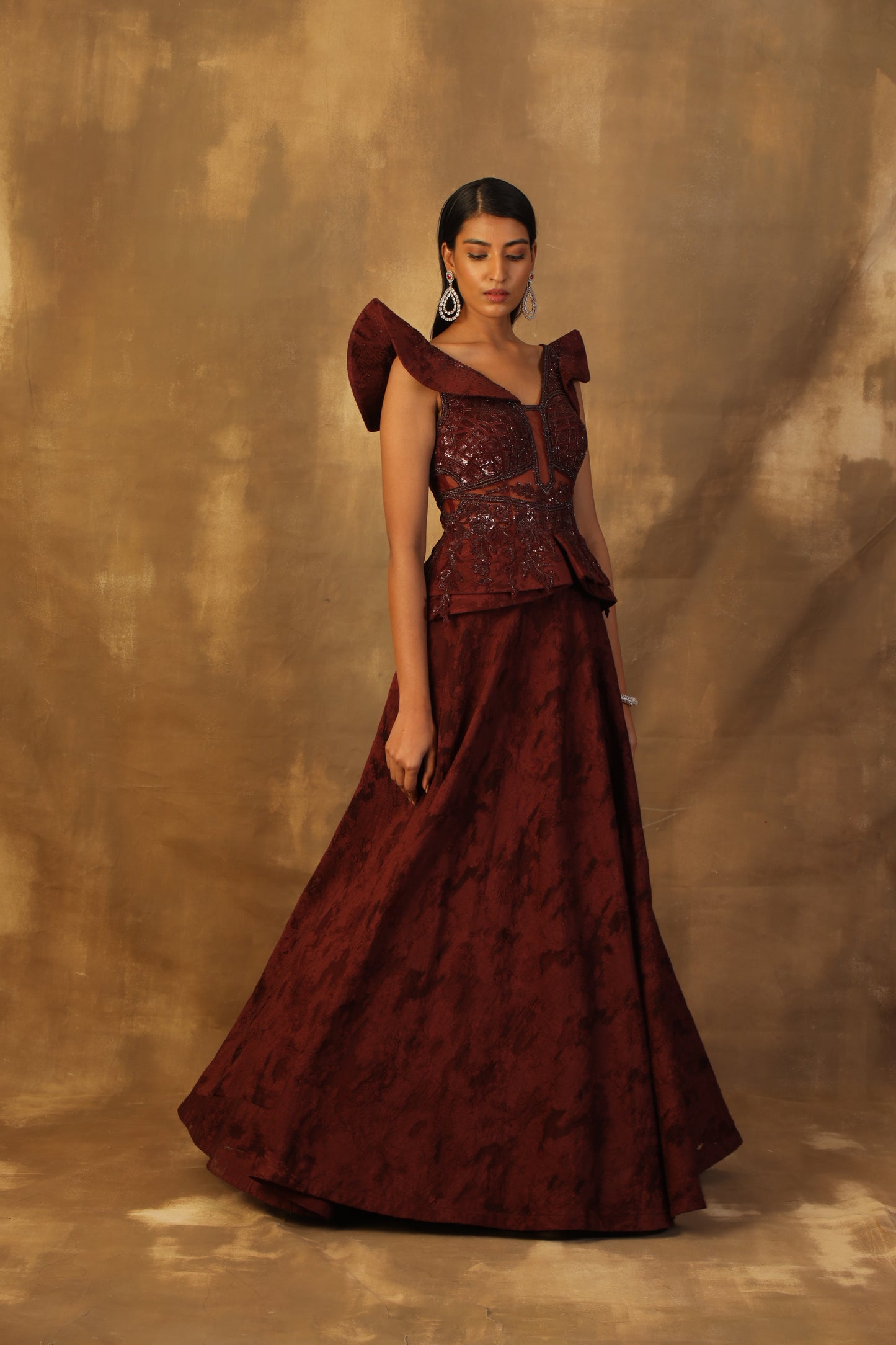 wine peplum style gown with center back opening