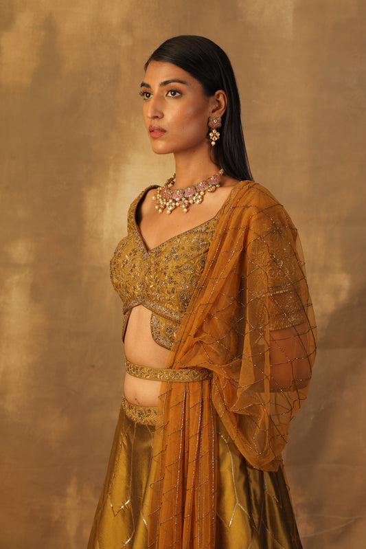 Mustard -Green lehnga set with silk blouse and net dupatta